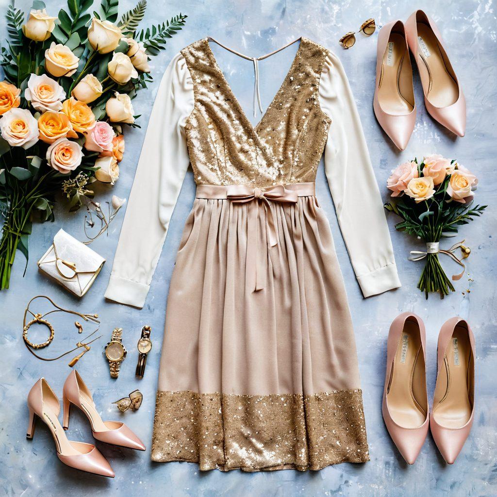 A beautifully styled flat lay featuring elegant special occasion outfits including a chic dress, stylish accessories, delicate shoes, and a bouquet of flowers. The background should be softly blurred to create a dreamy atmosphere, with warm, inviting colors that evoke a sense of celebration and joy. Add subtle hints of glitter and sparkle for a glamorous touch. super-realistic. vibrant colors. soft focus.