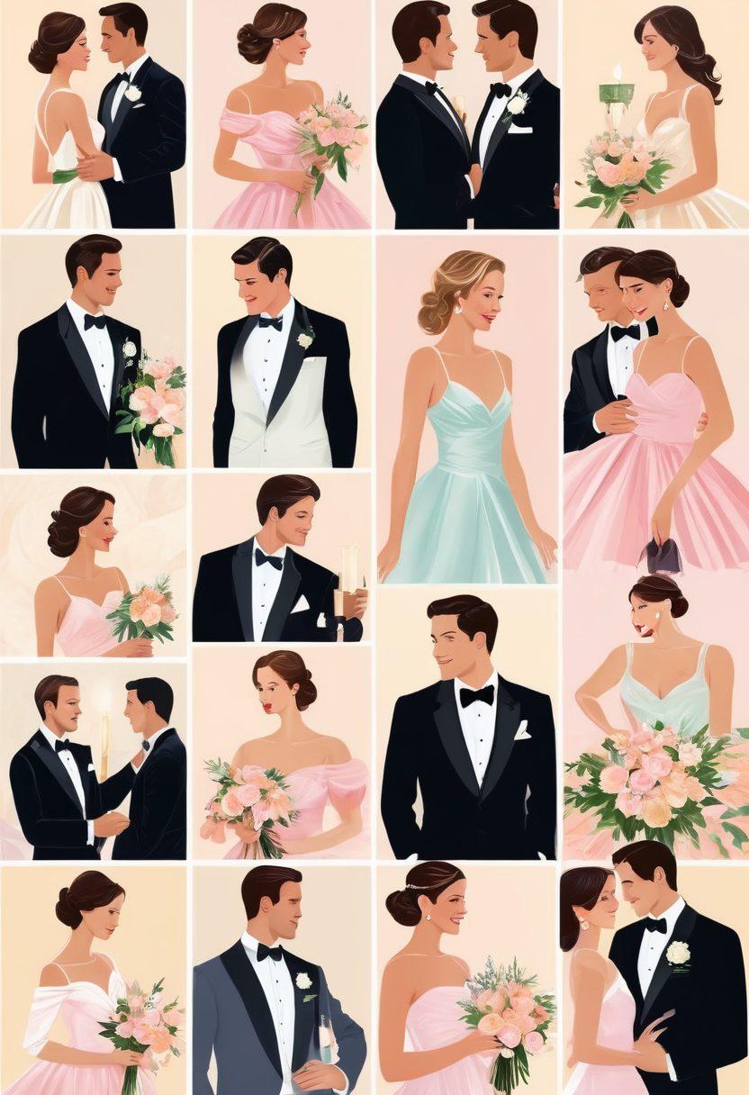 A collage of elegantly dressed couples at various special occasions, showcasing diverse styles like tuxedos and glamorous dresses in a romantic setting. Incorporate elements like soft candlelight, floral arrangements, and gentle smiles that evoke feelings of love and celebration. Ensure a warm, inviting atmosphere with pastel colors and delicate textures. vector art. vibrant colors. soft focus.